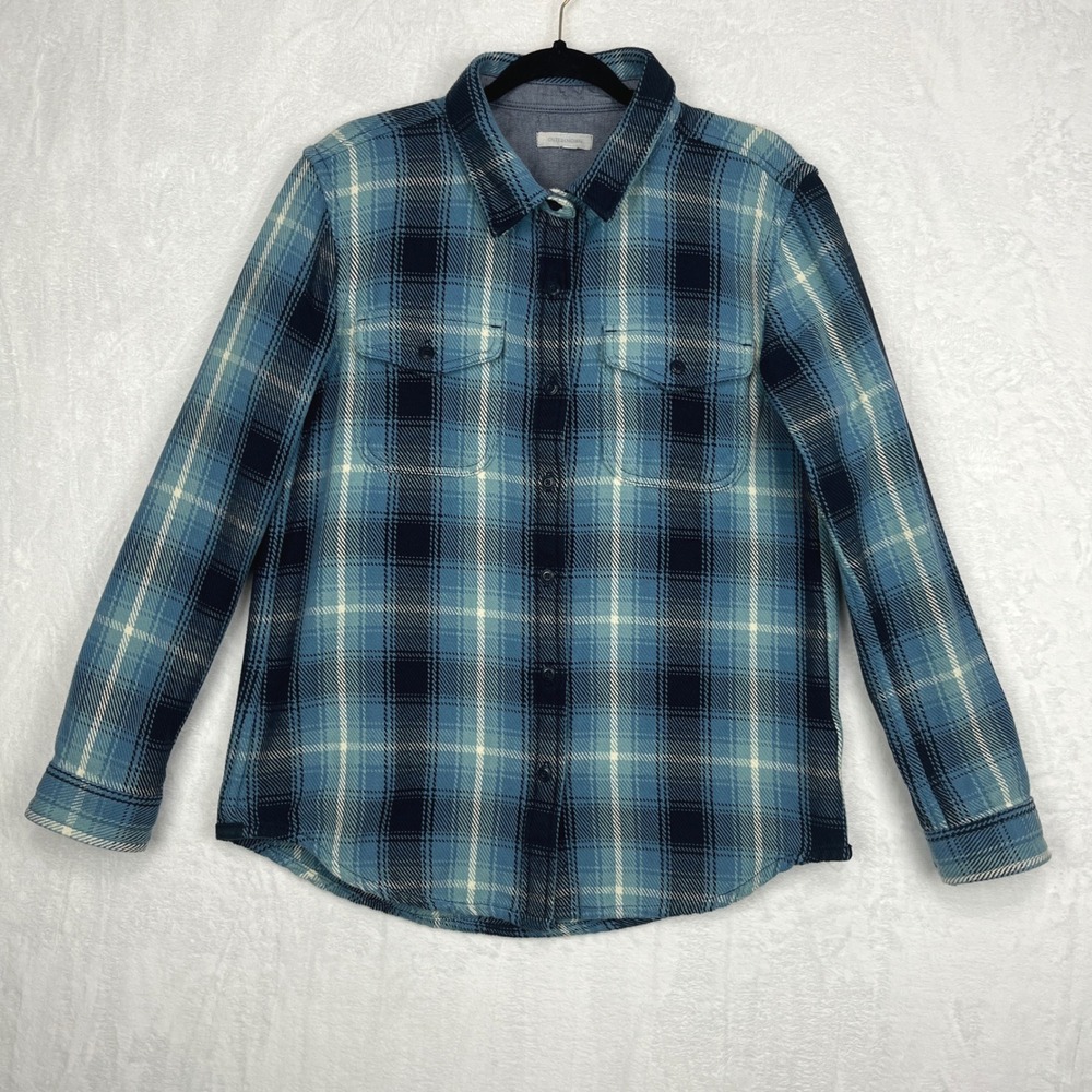 Outerknown‎ Blanket Shirt Mens M/L Blue Puget Plaid Heavy Flannel Shacket Cotton